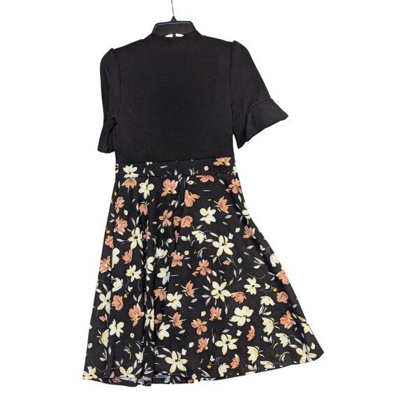 Black Floral Vintage-Inspired Dress With Tie Neck & Flared Skirt - Size M By Ran - Picture 4 of 5